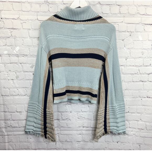 Skylar + Madison Turtleneck Sweater Blue Women S Fringe Bell Sleeve Stripes Knit - Picture 10 of 12
